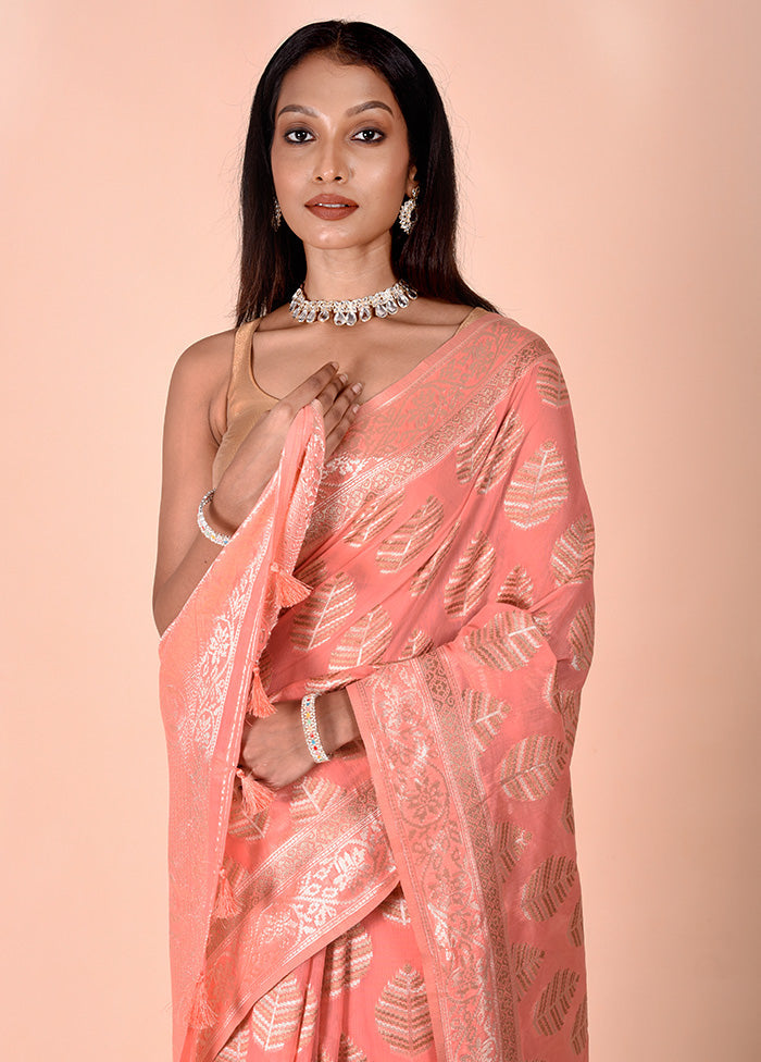 Peach Kora Silk Saree With Blouse Piece