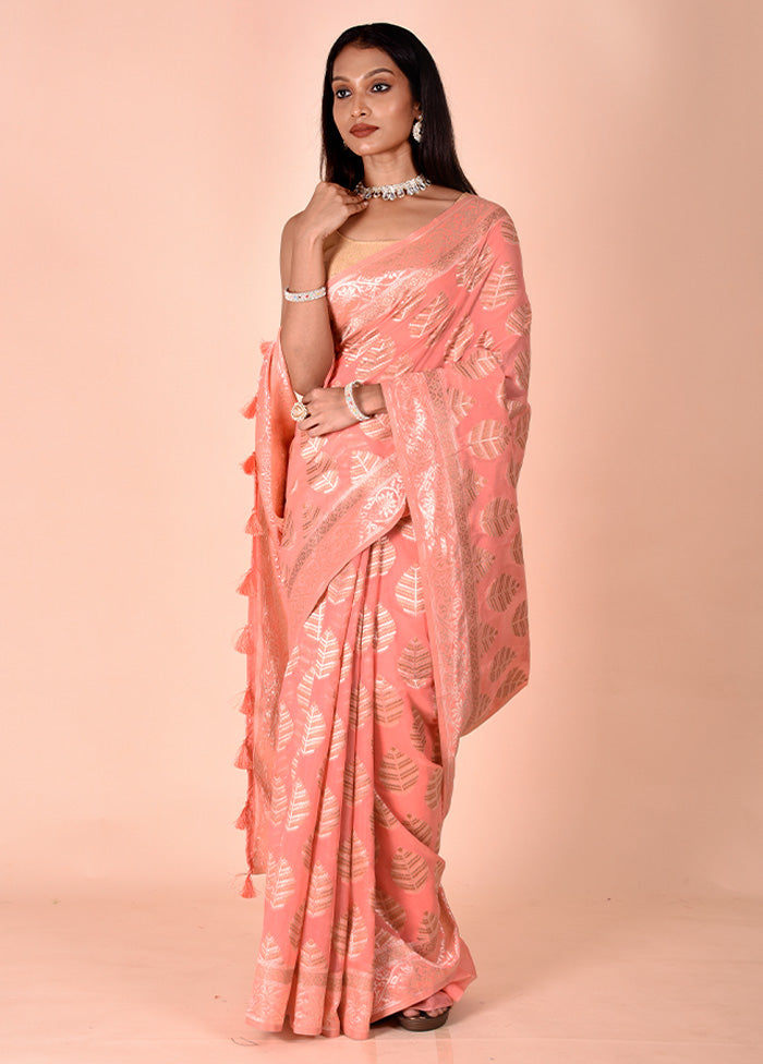 Peach Kora Silk Saree With Blouse Piece