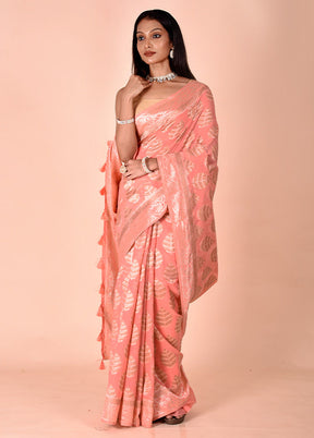 Peach Kora Silk Saree With Blouse Piece