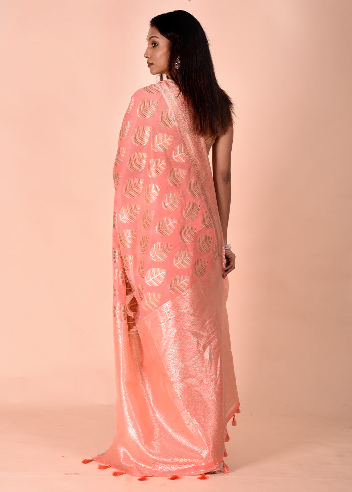 Peach Kora Silk Saree With Blouse Piece