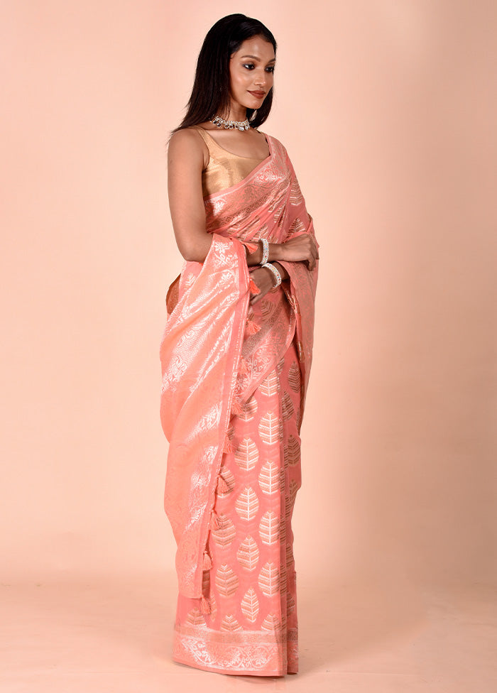 Peach Kora Silk Saree With Blouse Piece