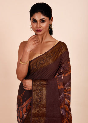 Brown Chanderi Cotton Saree With Blouse Piece