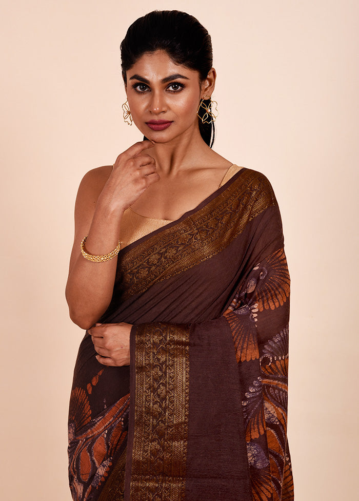 Brown Chanderi Cotton Saree With Blouse Piece