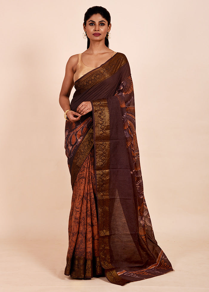 Brown Chanderi Cotton Saree With Blouse Piece
