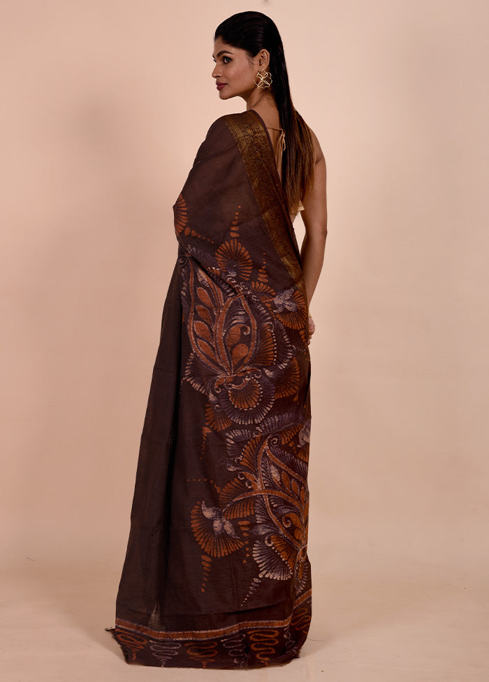 Brown Chanderi Cotton Saree With Blouse Piece