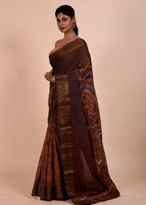 Brown Chanderi Cotton Saree With Blouse Piece
