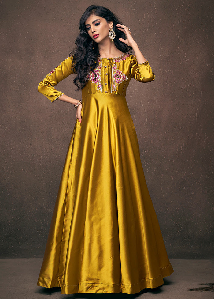 Yellow Readymade Silk Gown - Indian Silk House Agencies