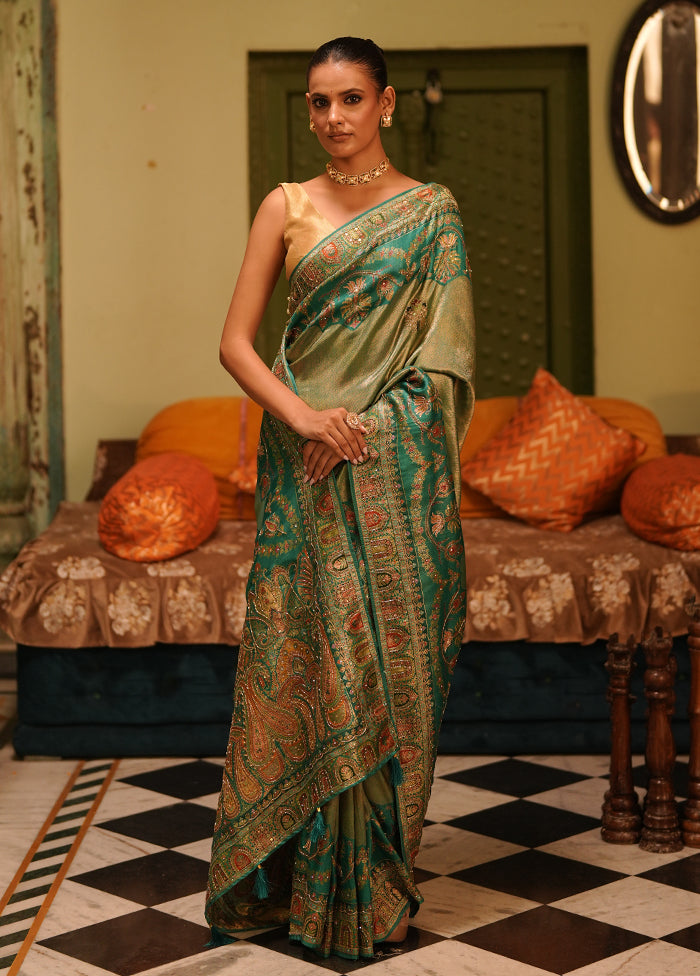 Green Handloom Pure Georgette Saree With Blouse Piece