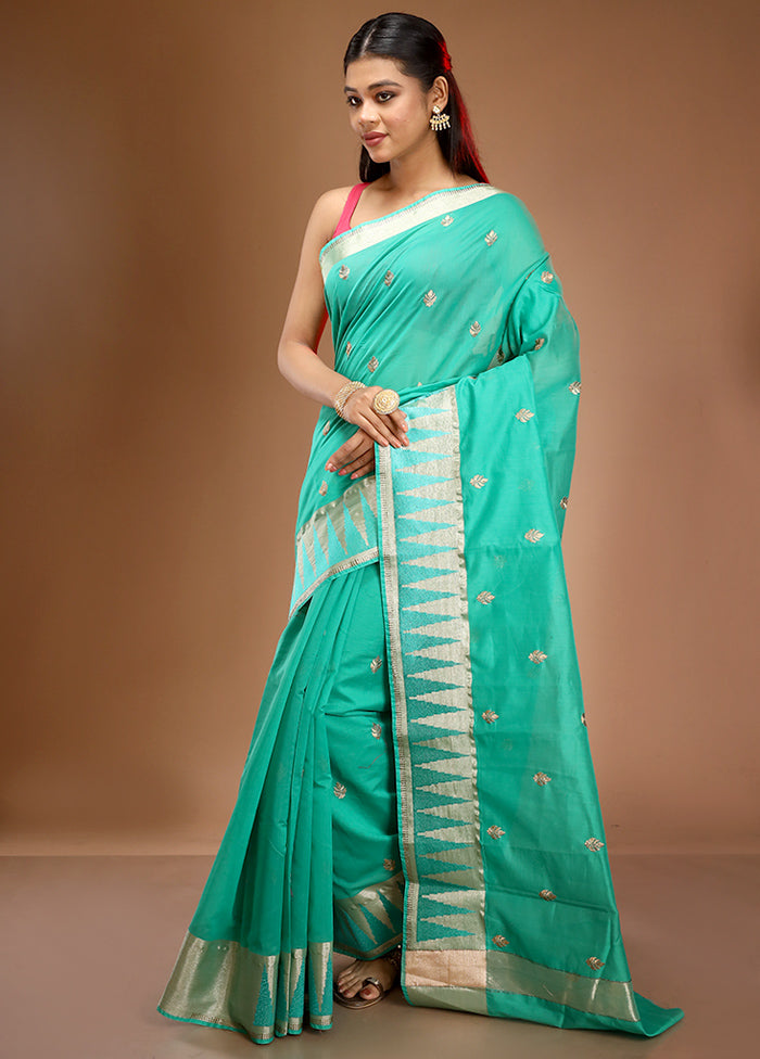 Green Cotton Embroidered Saree With Blouse Piece