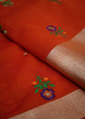 Rust Cotton Saree With Blouse Piece