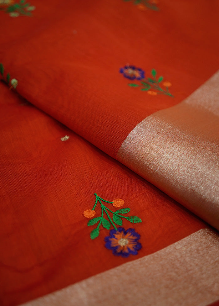 Rust Cotton Saree With Blouse Piece