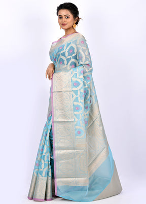 Blue Kora Silk Saree With Blouse Piece