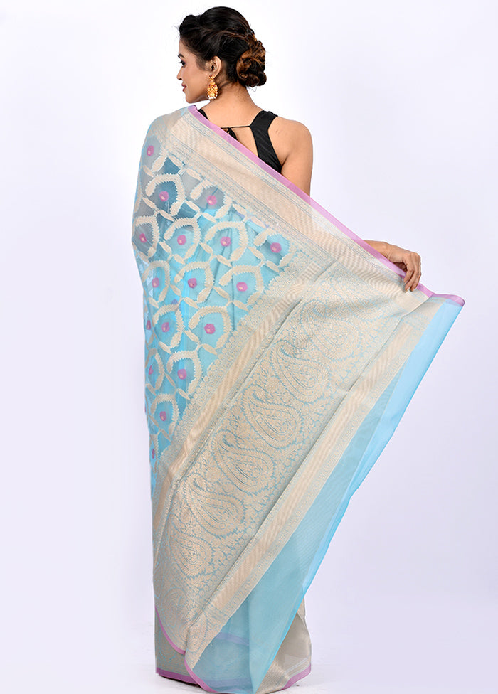 Blue Kora Silk Saree With Blouse Piece