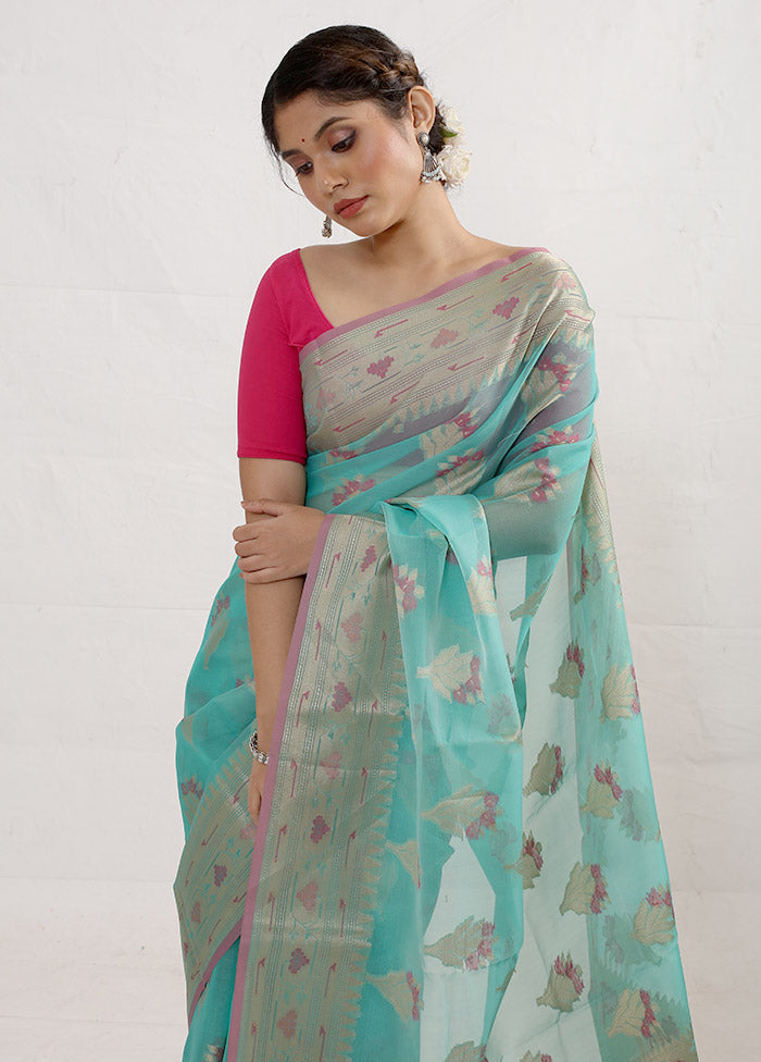 Blue Kora Silk Saree With Blouse Piece