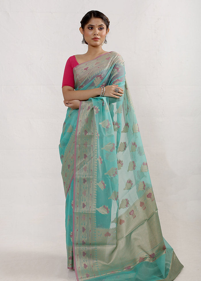 Blue Kora Silk Saree With Blouse Piece