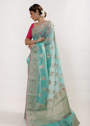 Blue Kora Silk Saree With Blouse Piece