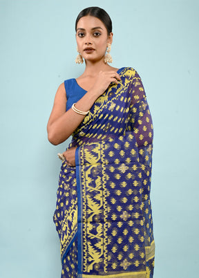 Blue Tant Jamdani  Saree Without Blouse Piece