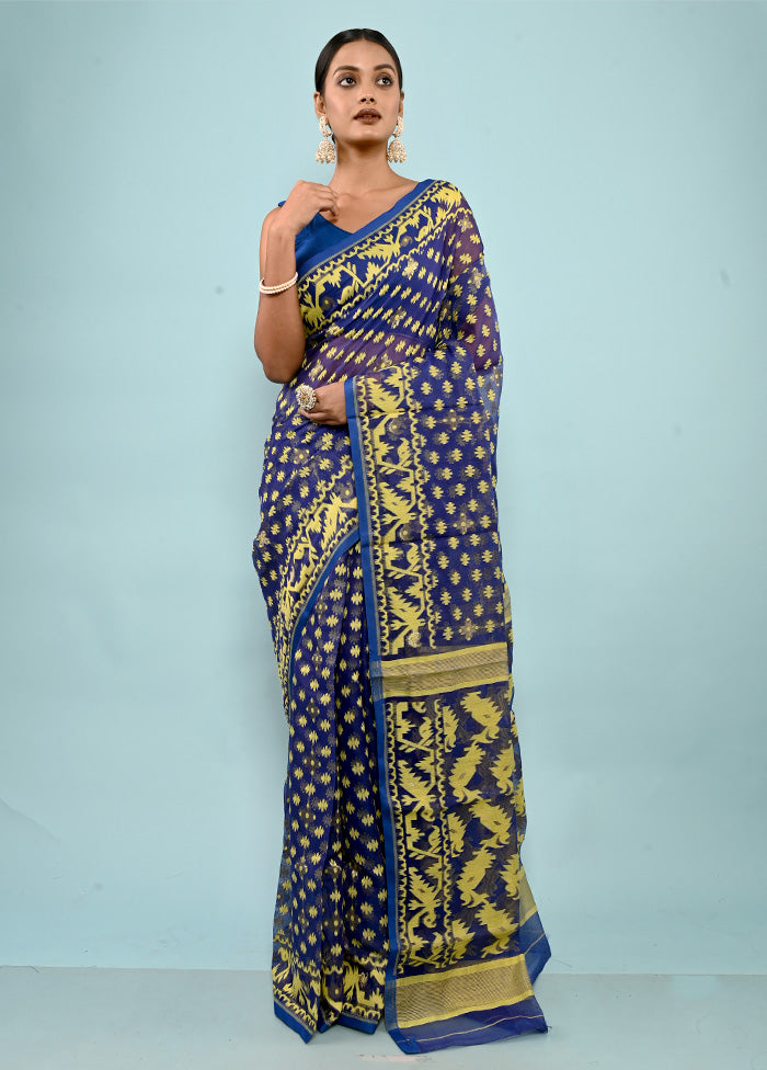 Blue Tant Jamdani  Saree Without Blouse Piece
