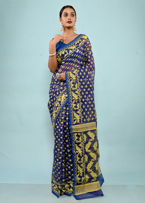 Blue Tant Jamdani  Saree Without Blouse Piece