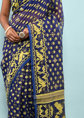 Blue Tant Jamdani  Saree Without Blouse Piece