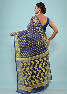 Blue Tant Jamdani  Saree Without Blouse Piece