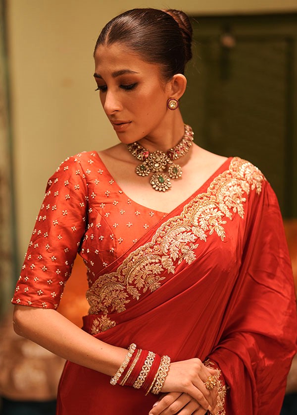 Red Round Neck Designer Blouse