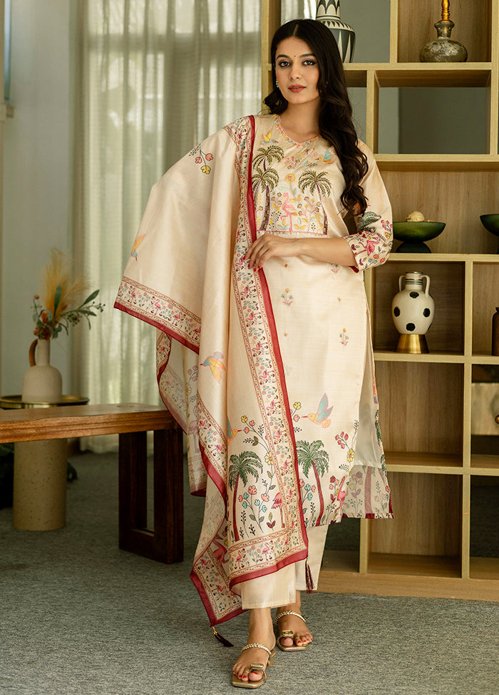 3 Pc Cream Silk Suit Set
