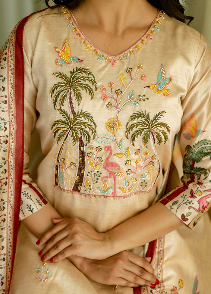 3 Pc Cream Silk Suit Set