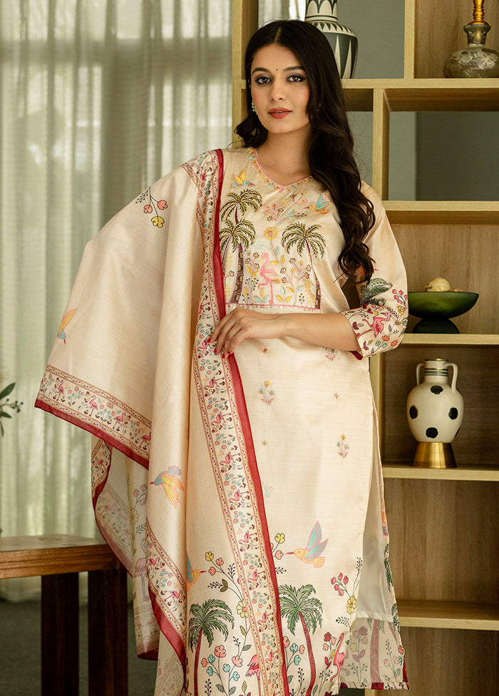 3 Pc Cream Silk Suit Set