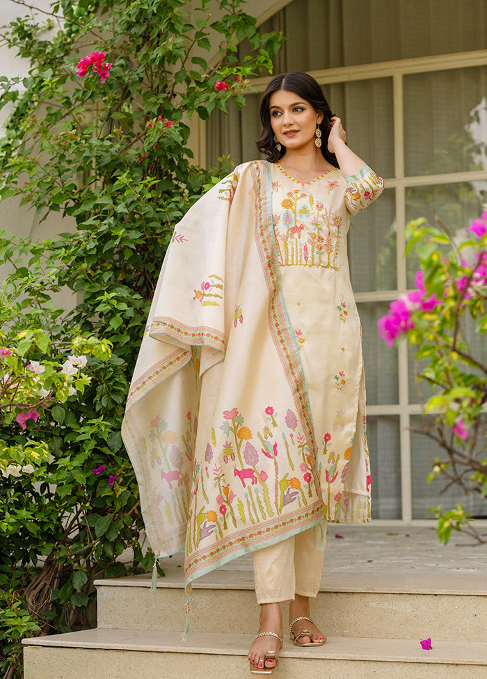 3 Pc Cream Silk Suit Set