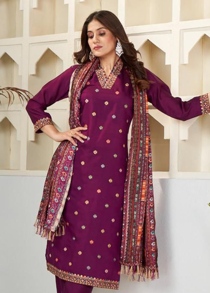 3 Pc Wine Silk Suit Set