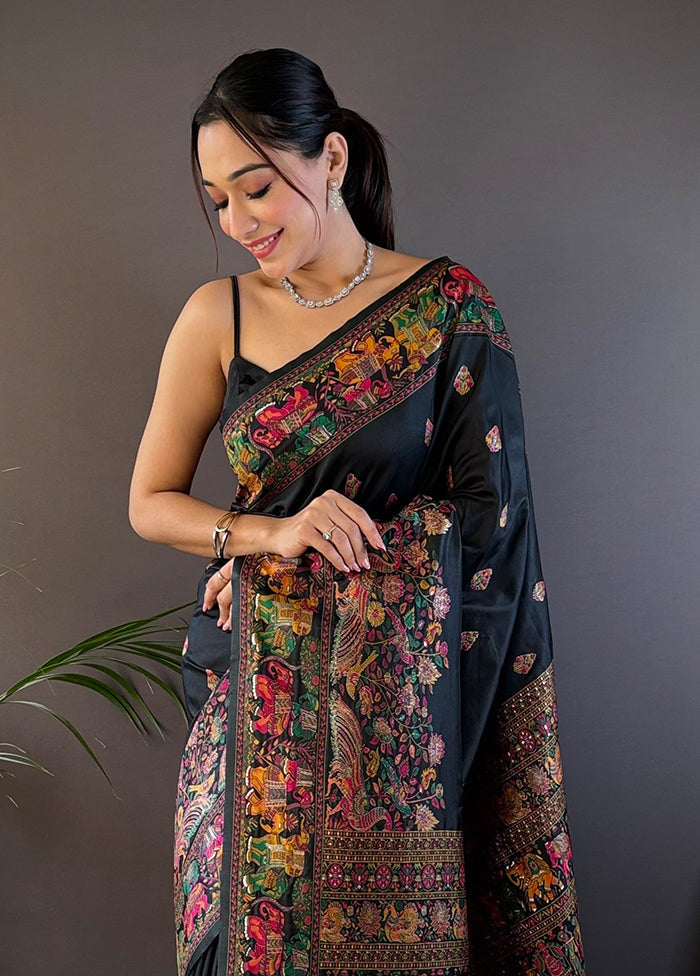 Black Spun Silk Saree With Blouse Piece