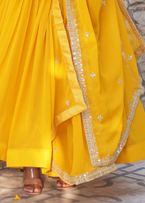 Golden Woven Work Silk Gown With Dupatta
