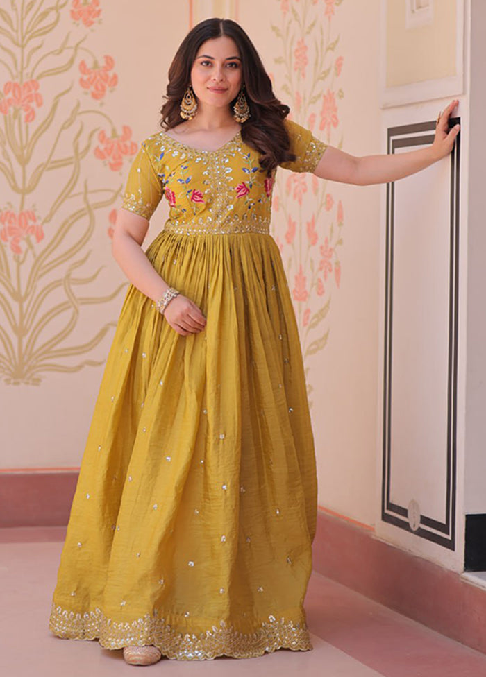 Yellow Woven Work Silk Gown