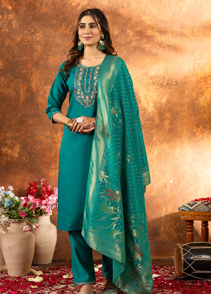 3 Pc Green Silk Suit Set