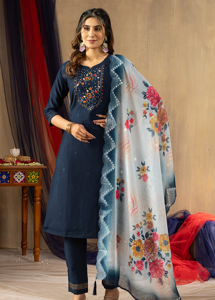 3 Pc Blue Silk Suit Set