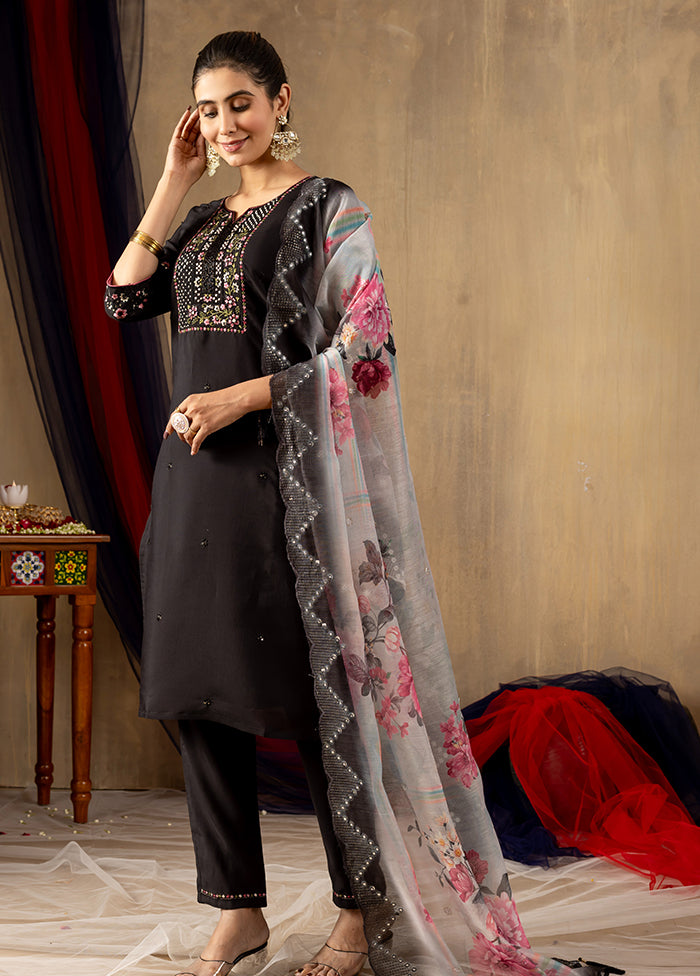 3 Pc Black Silk Suit Set
