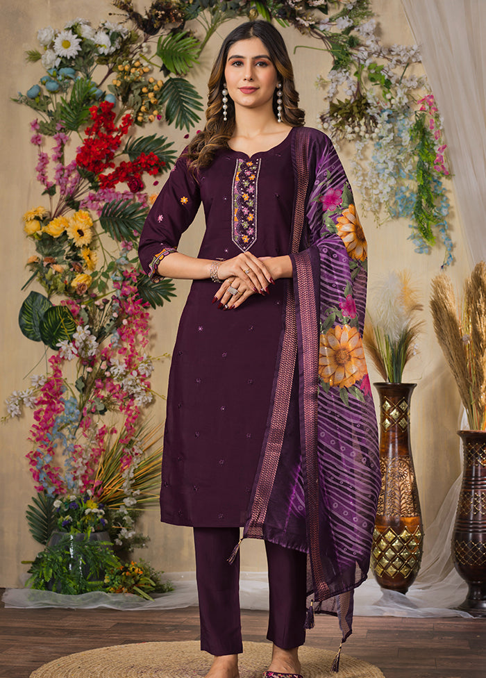3 Pc Wine Silk Suit Set