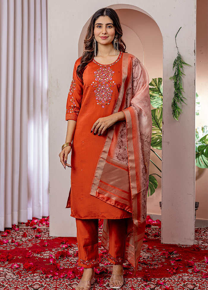 3 Pc Orange Silk Suit Set