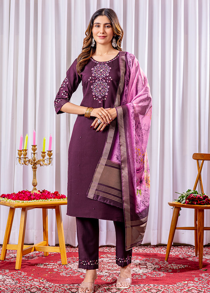 3 Pc Wine Silk Suit Set