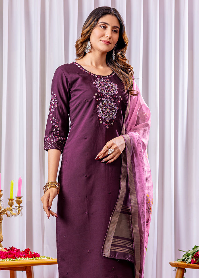 3 Pc Wine Silk Suit Set