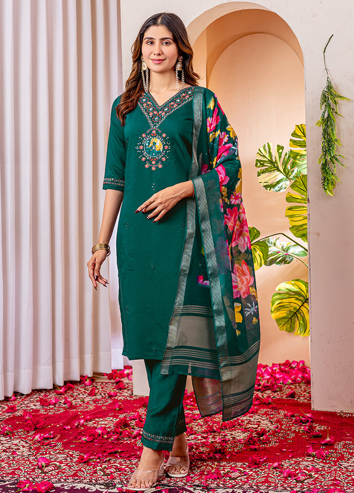 3 Pc Green Silk Suit Set