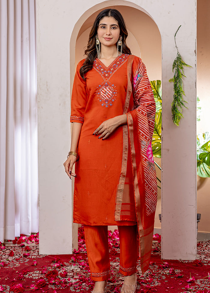 3 Pc Orange Silk Suit Set