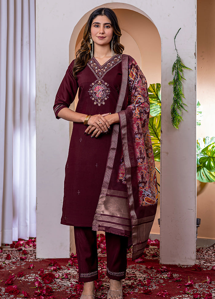 3 Pc Wine Silk Suit Set