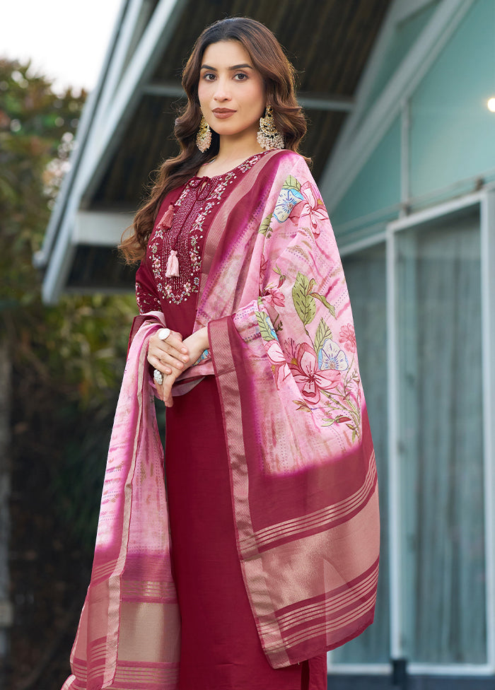 3 Pc Maroon Silk Suit Set