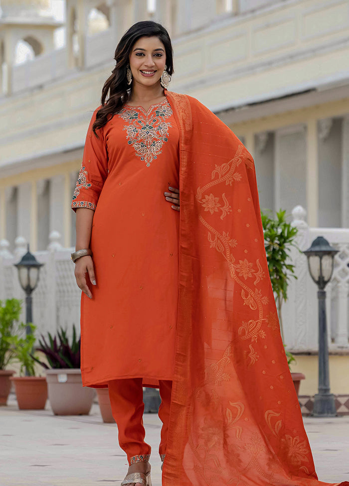 3 Pc Orange Silk Suit Set