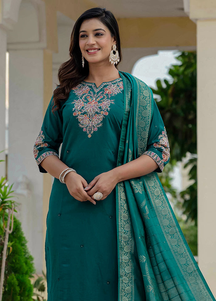 3 Pc Green Silk Suit Set