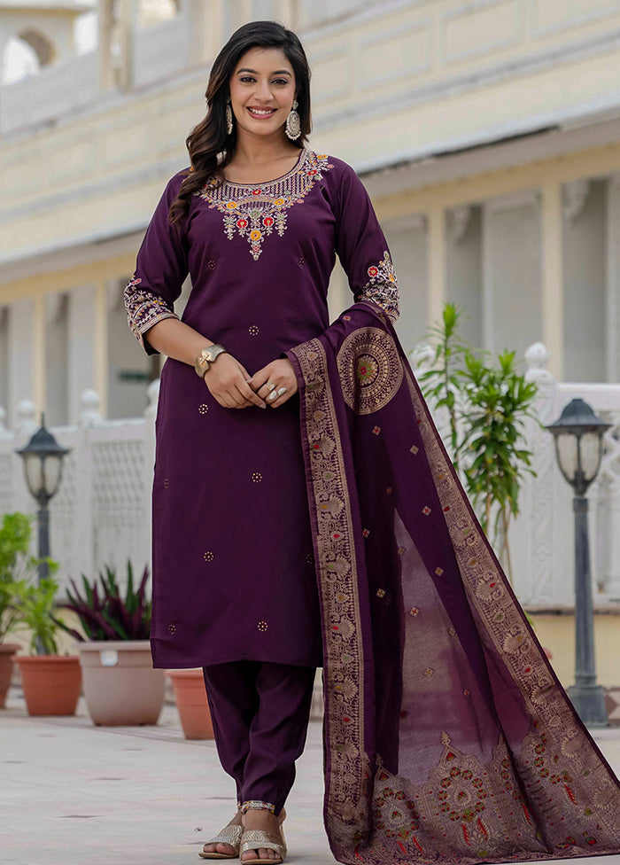 3 Pc Wine Silk Suit Set