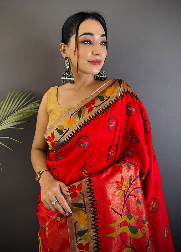 Red Spun Silk Saree With Blouse Piece