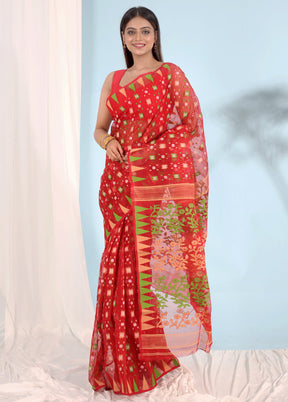 Red Tant Jamdani Saree Without Blouse Piece